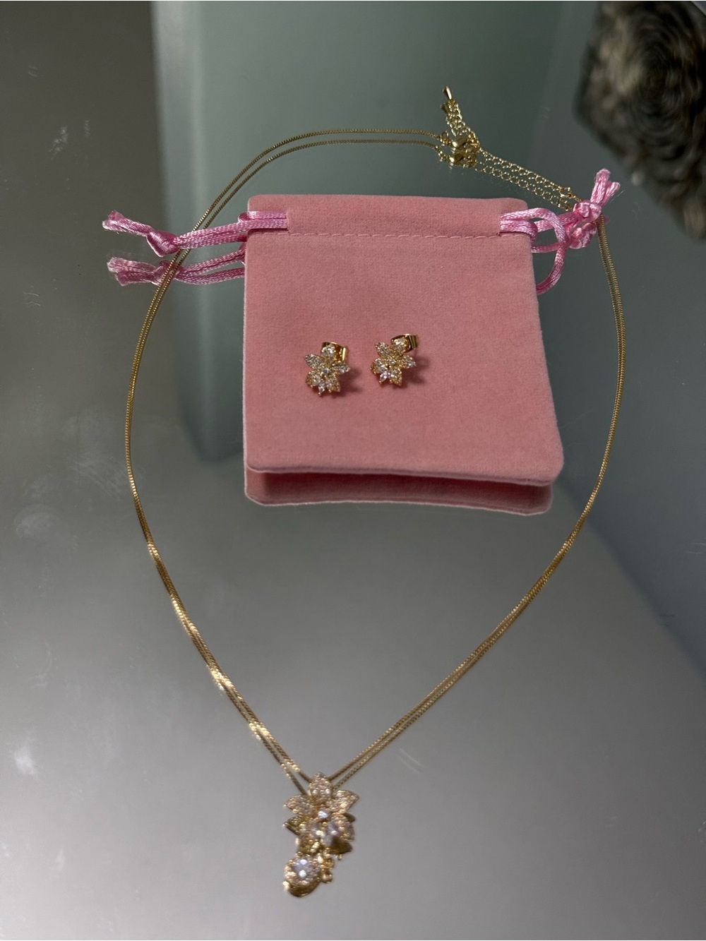 Gold-Tone Floral Crystal Necklace and Stud Earrings Set - Pink and Gold